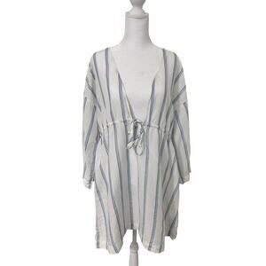 🤍💙 J.Crew V-Neck Linen Cotton Tunic Coverup Dress Size L Striped Chic ✨
